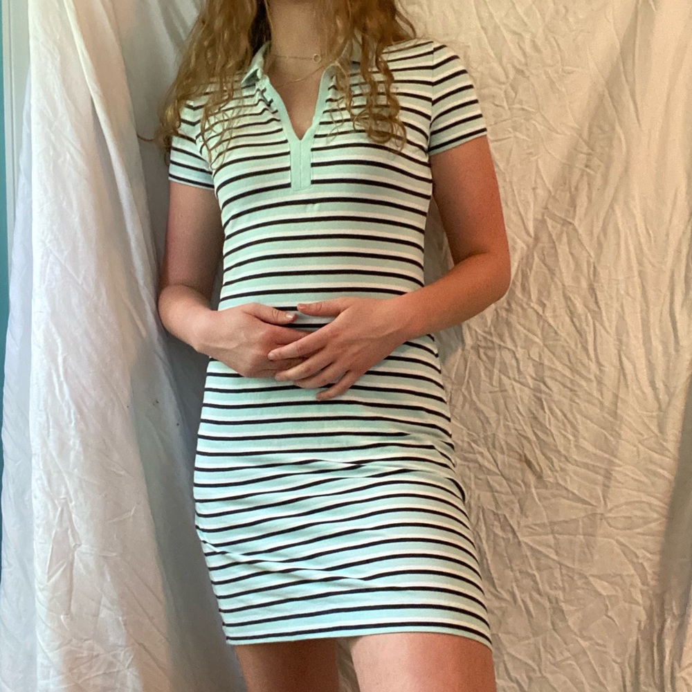 Vintage Talbots white, blue, and black striped dress size small midi mini fall